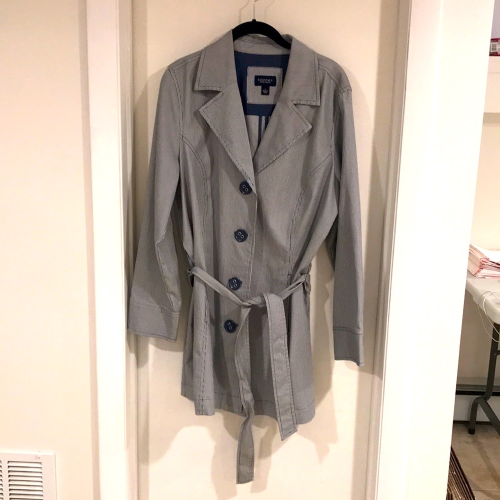 Sonoma Blue and White Pin Stripe Coat With buttons and waist tie size Large